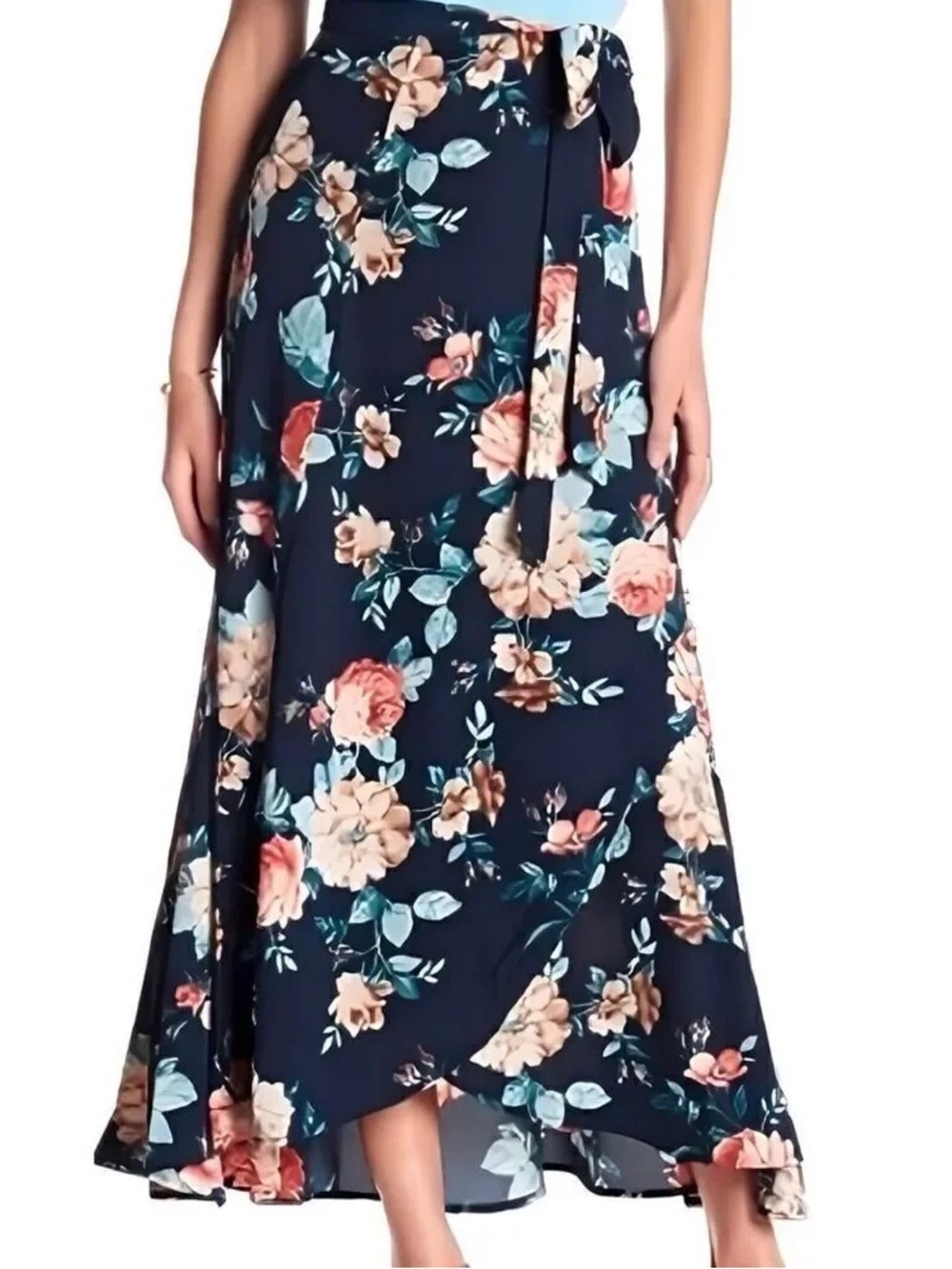 Bobeau Wrap High-Low Maxi Skirt - Navy Floral